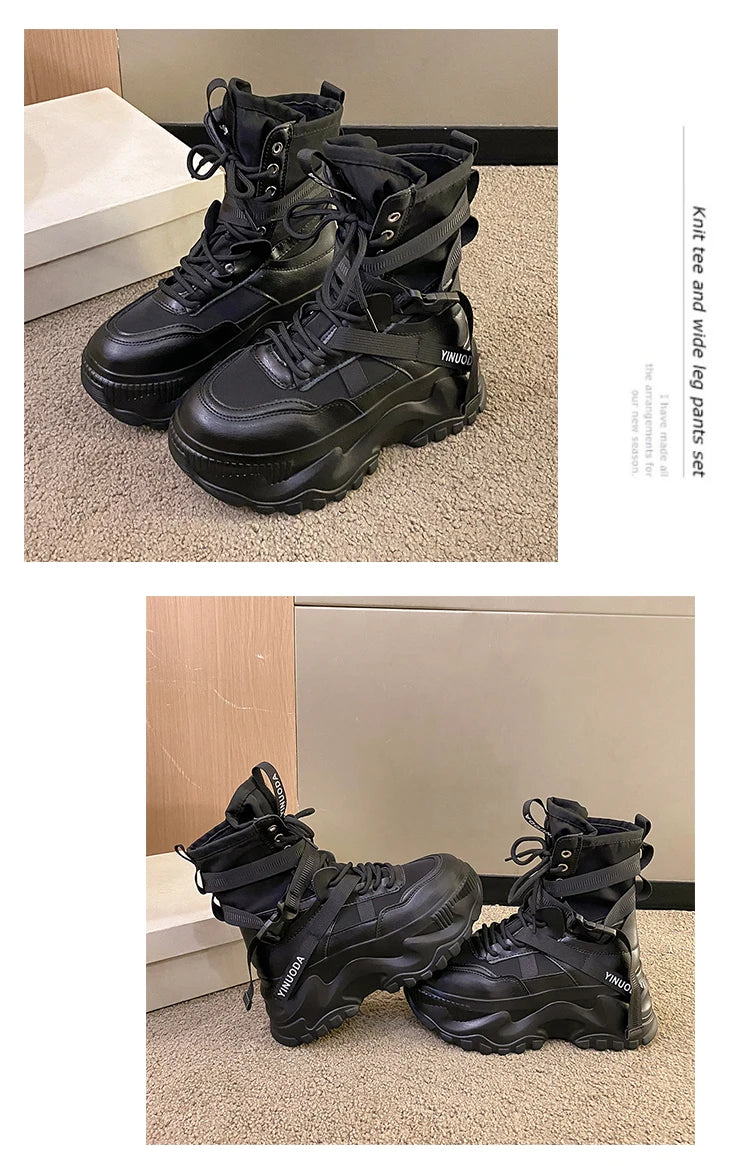 Women Ankle Boots Autumn Leather Chunky Shoes Woman High Platform Breathable Sneakers 8CM Thick Sole Wedges Motorcycles Boots