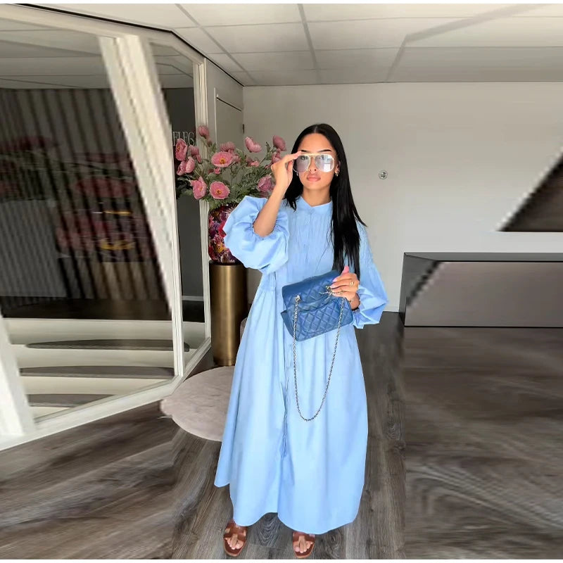 Loose Single Breasted Pleated Long Dress Women Elegant O-neck Lantern Sleeve A-line Party Dresses 2025 Summer Lady Casual Robes