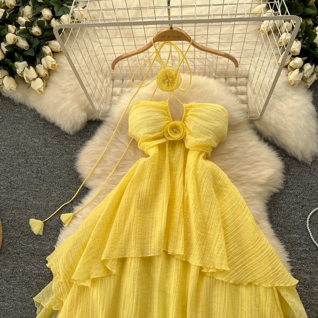 Elegant Sweet High Waist Hollow Out Asymmetric Three-dimensional Flower Halter Dress Vacation Slim Women Party Summer Dresses