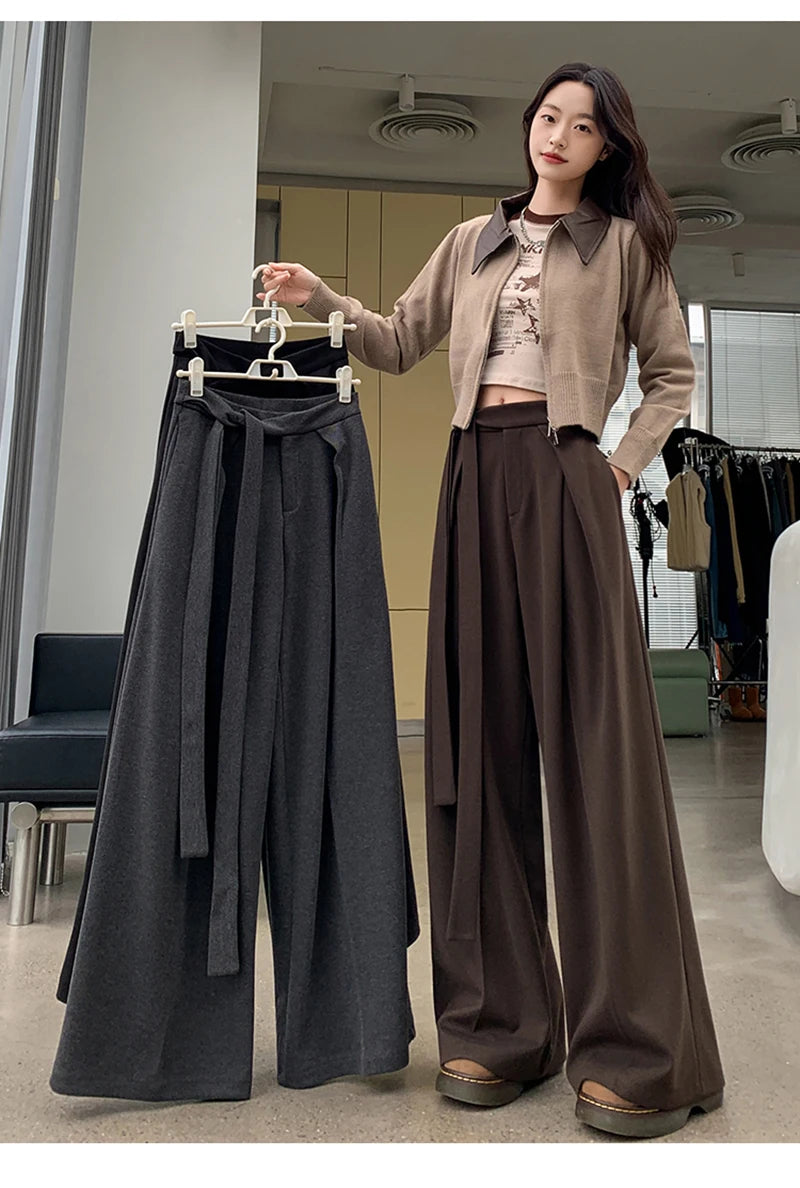 MEXZT Woolen Wide Leg Pants Women Fashion Lace Up Black Baggy Suit Pants Winter Streetwear Korean Casual Straight Trousers New