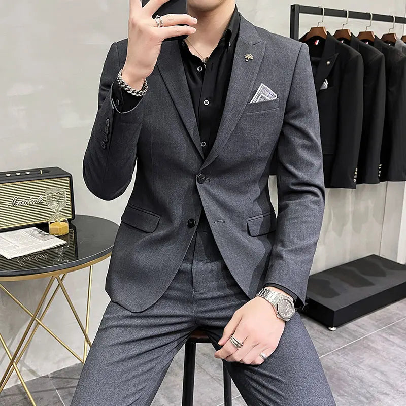 ( Blazer + Pants ) High End Brand Plaid Men's Casual Formal Office Business Suit Groom Wedding Dress Slim Suit Jacket Trousers