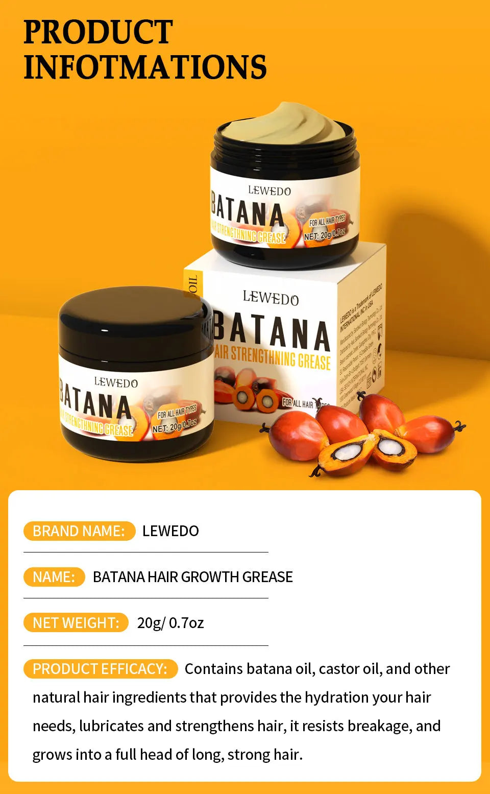 LEWEDO Raw Batana Grease For Hair Growth 20g Anti Hair Loss Oil Deep Nourishes Repair Damaged Mask For Hair Growth Treatment