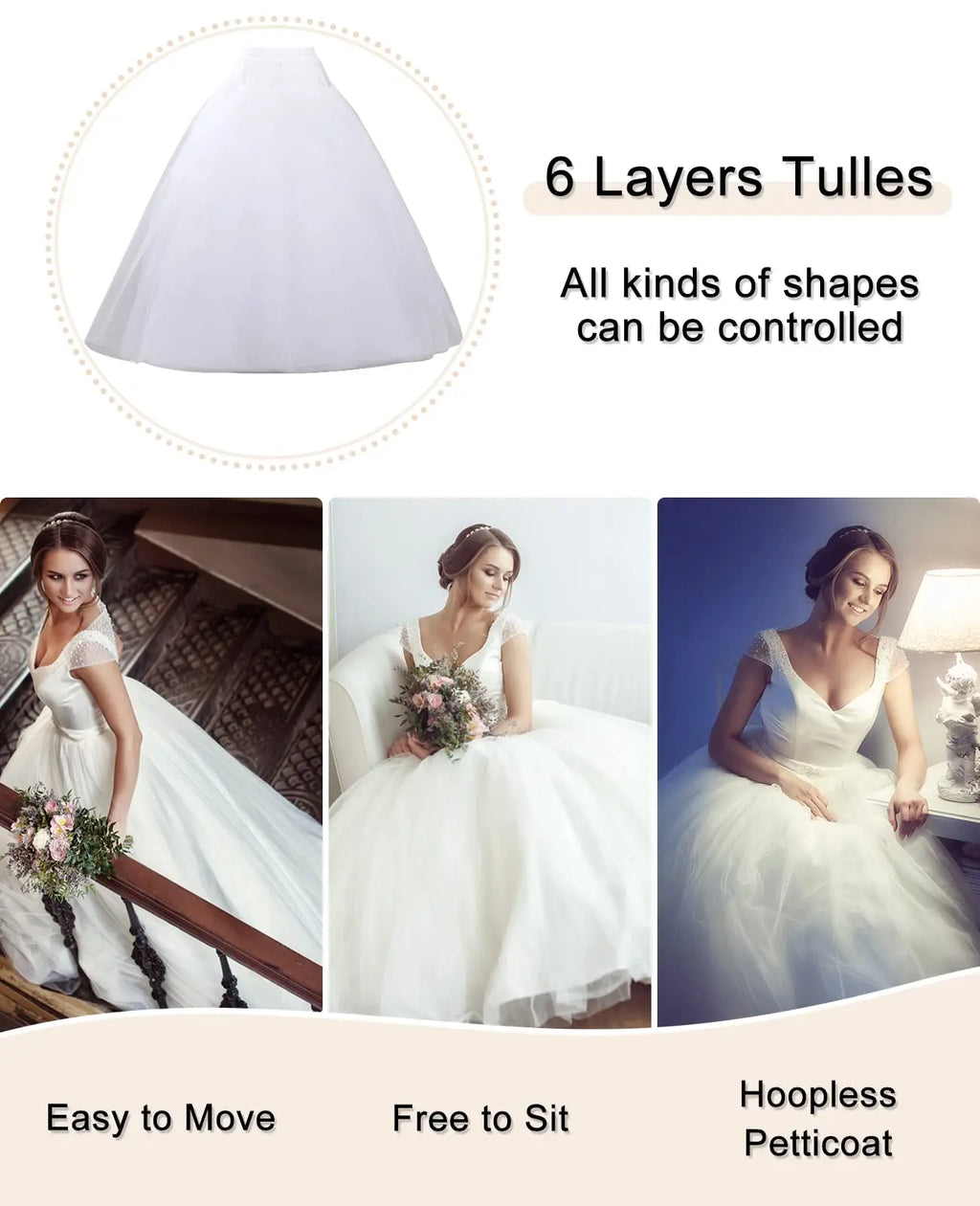 Hoopless Petticoat Crinoline Underskirt Skirt 6 Layers Floor Length Ball Gown Petticoat Underskirt Slip for Wedding Dress