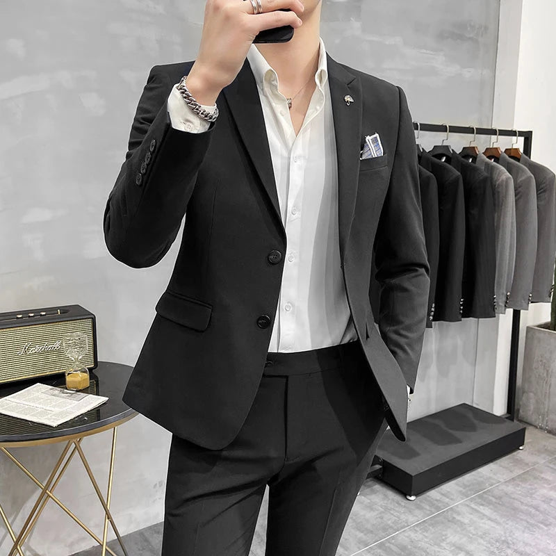 ( Blazer + Pants ) High End Brand Plaid Men's Casual Formal Office Business Suit Groom Wedding Dress Slim Suit Jacket Trousers