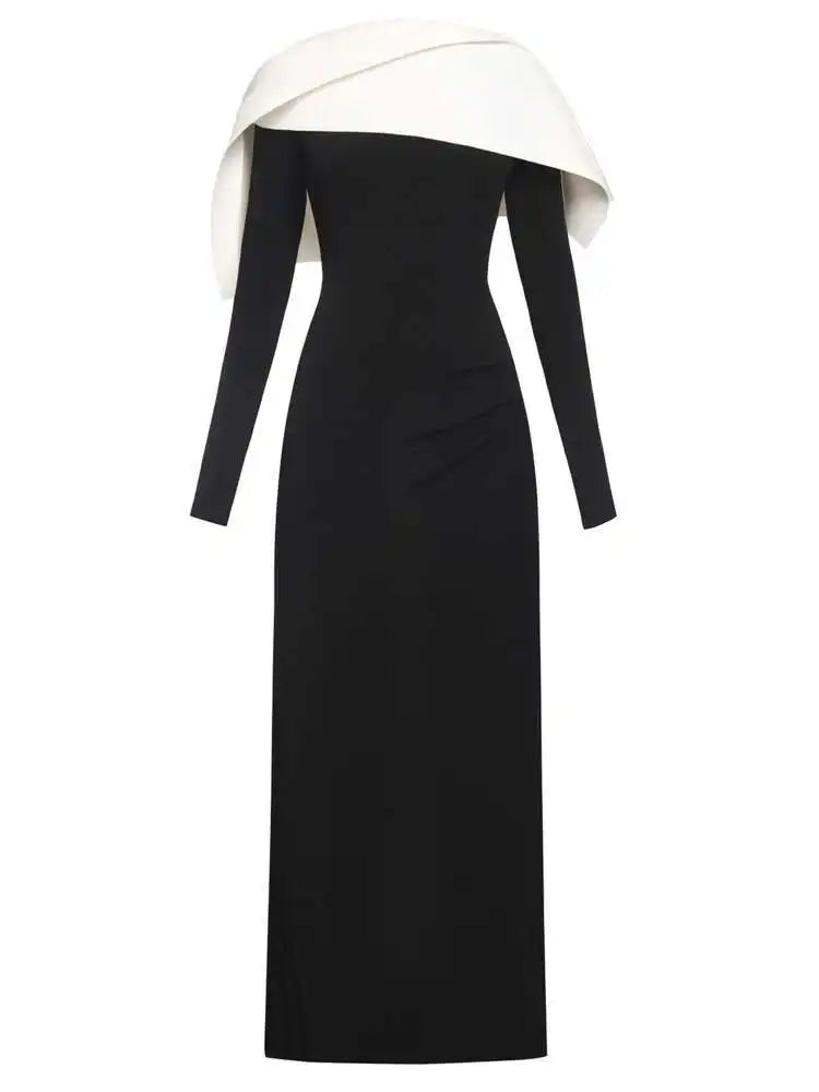 DEAT Elegant Dress Pleated Asymmetrical Cape Long Sleeve Contrast Color Women's Evening Party Dresses 2026 Spring New 35Z1621