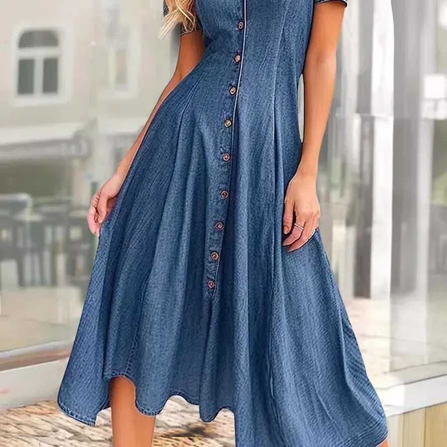 V-neck Single Breasted Denim Shirt Dress for Women Harajuku Summer Party Long Dresses Elegant Short-sleeved Slim-fit Denim Dress