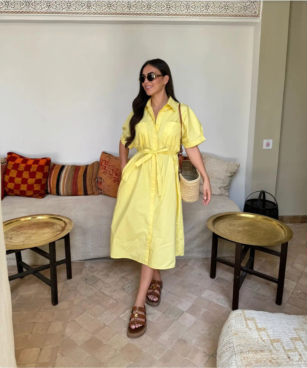 Fashion Commuter Long Skirt Office Elegant Lapel Shirt Dress Women Casual Elegant Single-breasted Short-sleeved Party Dress