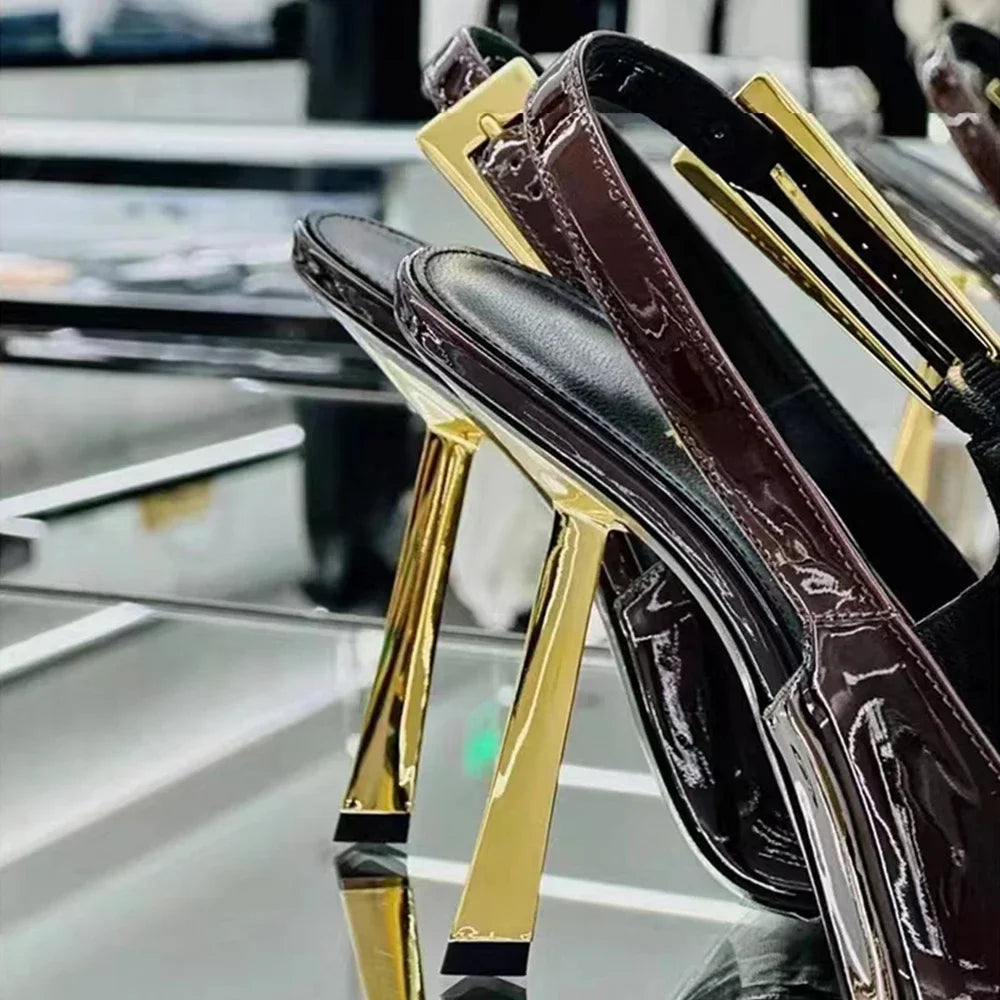 New Autumn 2024 Square Toe Slim Heel Retro Toe Women's Shoes with Patent Leather High-heeled Sandals