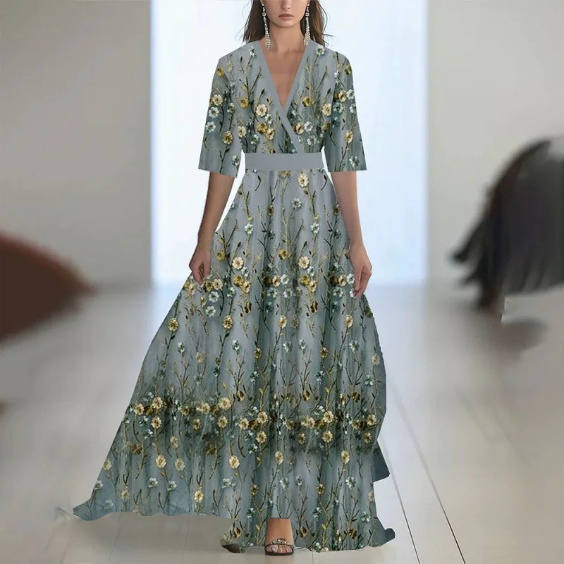 Robes Woman Elegant Floral Print Patchwork Maxi Dress Sexy V Neck High Waist Long Dress Spring Puff Sleeves Loose Bohemian Dress