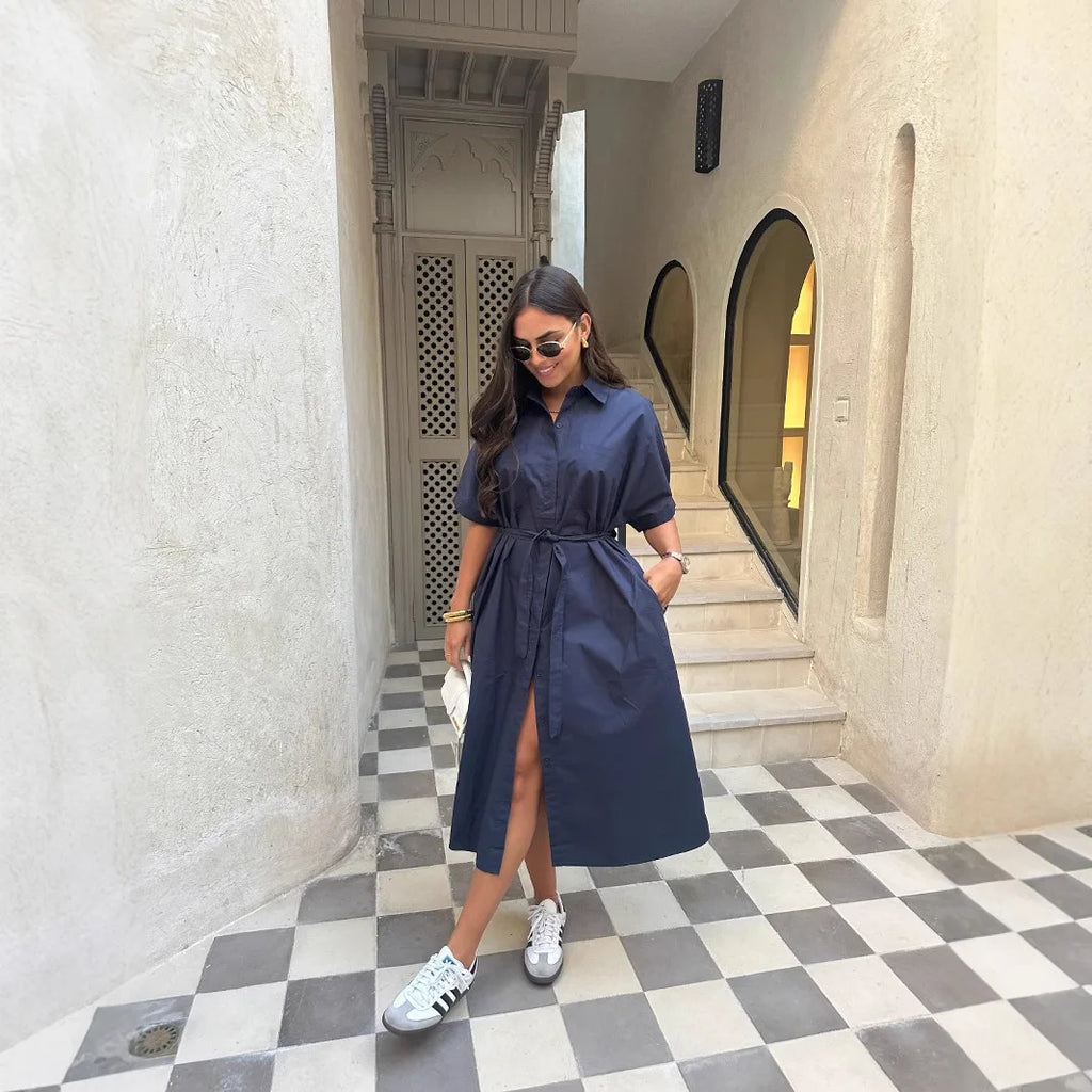 Fashion Commuter Long Skirt Office Elegant Lapel Shirt Dress Women Casual Elegant Single-breasted Short-sleeved Party Dress