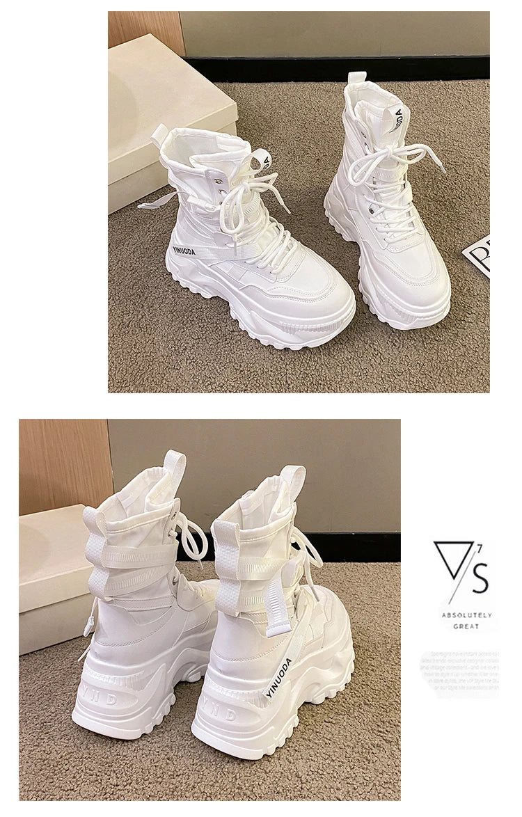 Women Ankle Boots Autumn Leather Chunky Shoes Woman High Platform Breathable Sneakers 8CM Thick Sole Wedges Motorcycles Boots