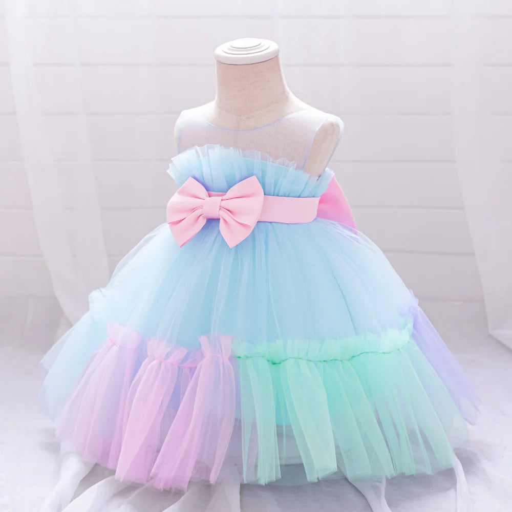 Vintage Baby Girl 1st Birthday Princess Dress Baby Embroidery Floral Bow Gown Flower Kids Wedding Dress Formal Baptism Gala Gown