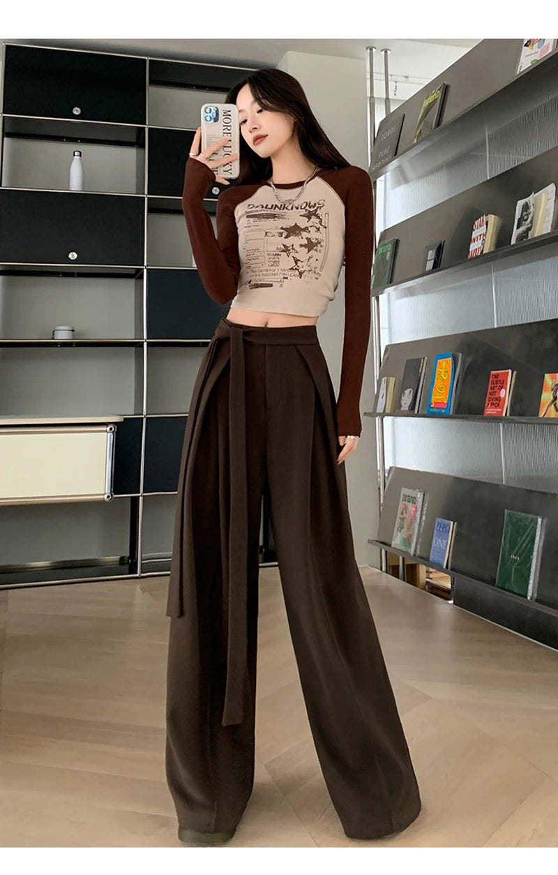 MEXZT Woolen Wide Leg Pants Women Fashion Lace Up Black Baggy Suit Pants Winter Streetwear Korean Casual Straight Trousers New
