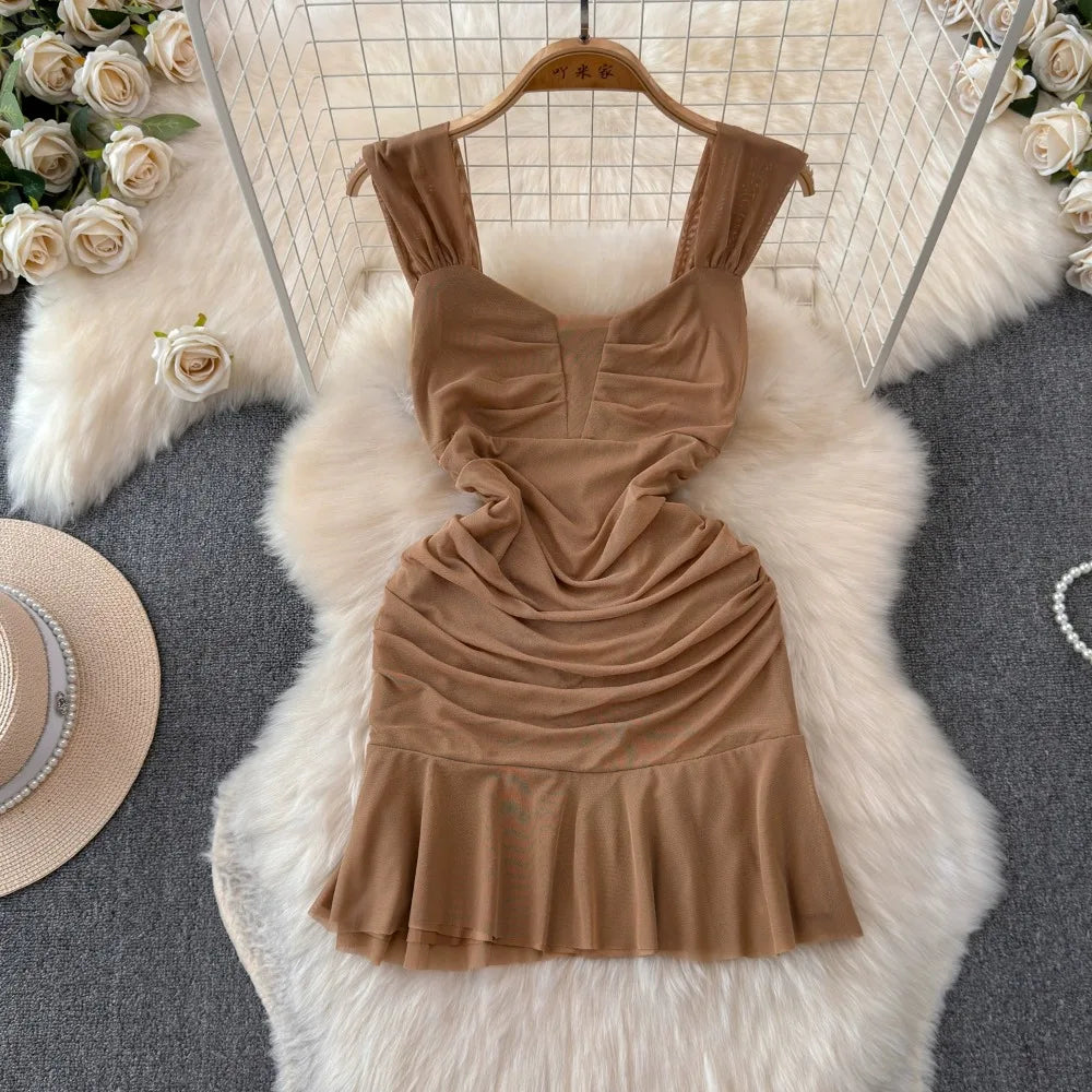 SsTss Summer Sweet Pink Floral Print Mesh Bodycon Dress for Women Elegant Square Neck Sleeveless Slim Ruched Ruffles Party Dress
