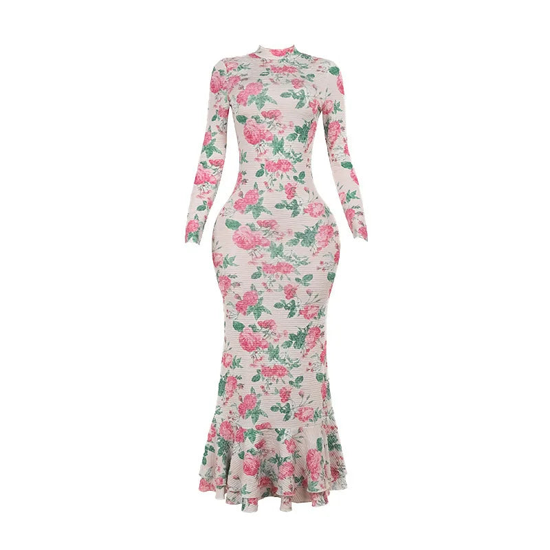Mozision Bodycon Long Sleeve Half High Collar Print Zipper Elegant Maxi Dress Women Slim High Waist Sexy Dress Ladies Outfits