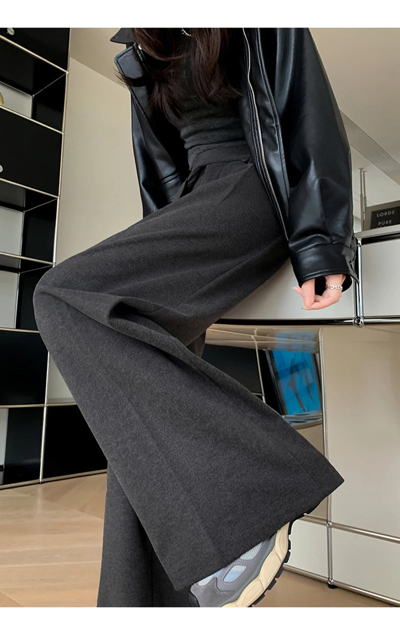 MEXZT Woolen Wide Leg Pants Women Fashion Lace Up Black Baggy Suit Pants Winter Streetwear Korean Casual Straight Trousers New