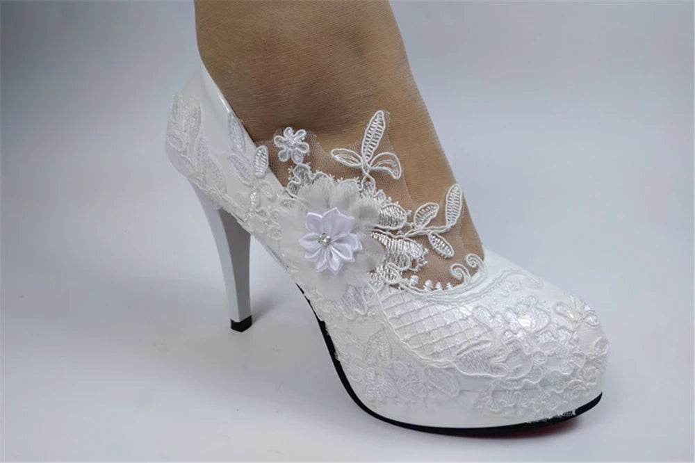 Spring new round-toe waterproof platform lace rhinestone low-heel wedding shoes thin high-heeled dress large-size women's shoes