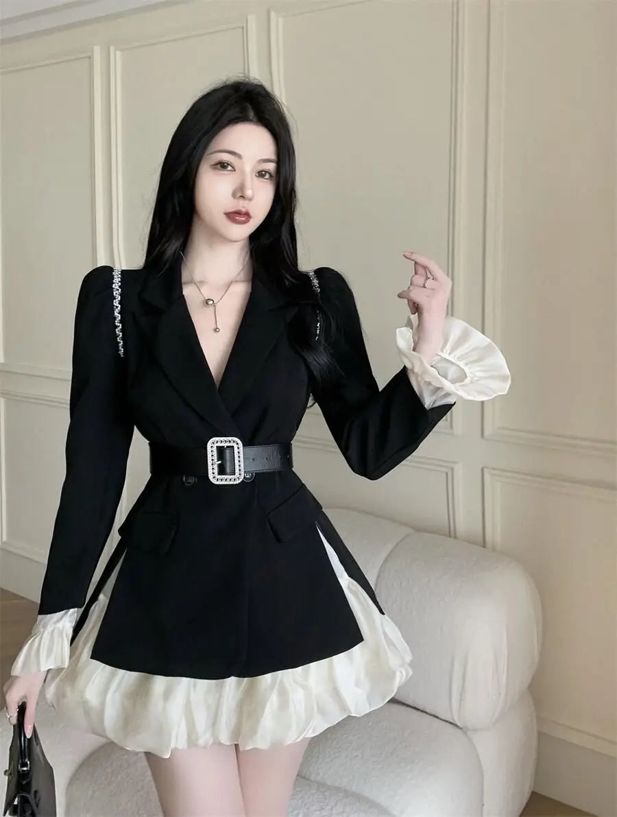 Neploe Temperament Lace Up Waist Slim Dress Sets High Waist Ruffle Edge Patched Sleeves Ropa Mujer Sexy Feminino Chic Women Sets